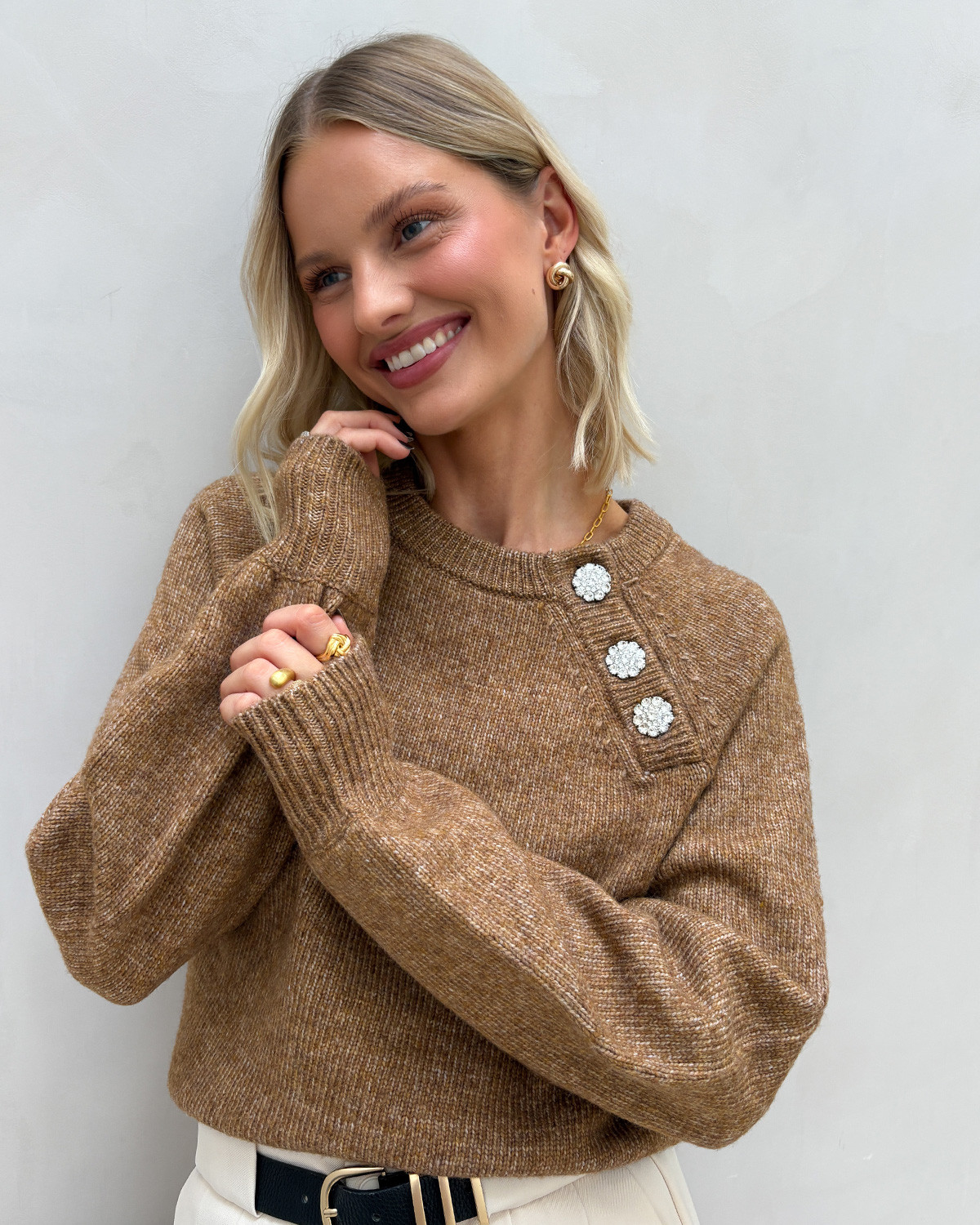 ONLY Onllauren Cocoa Créme Melange Life Ls O-Neck Button Knit - M - Brun