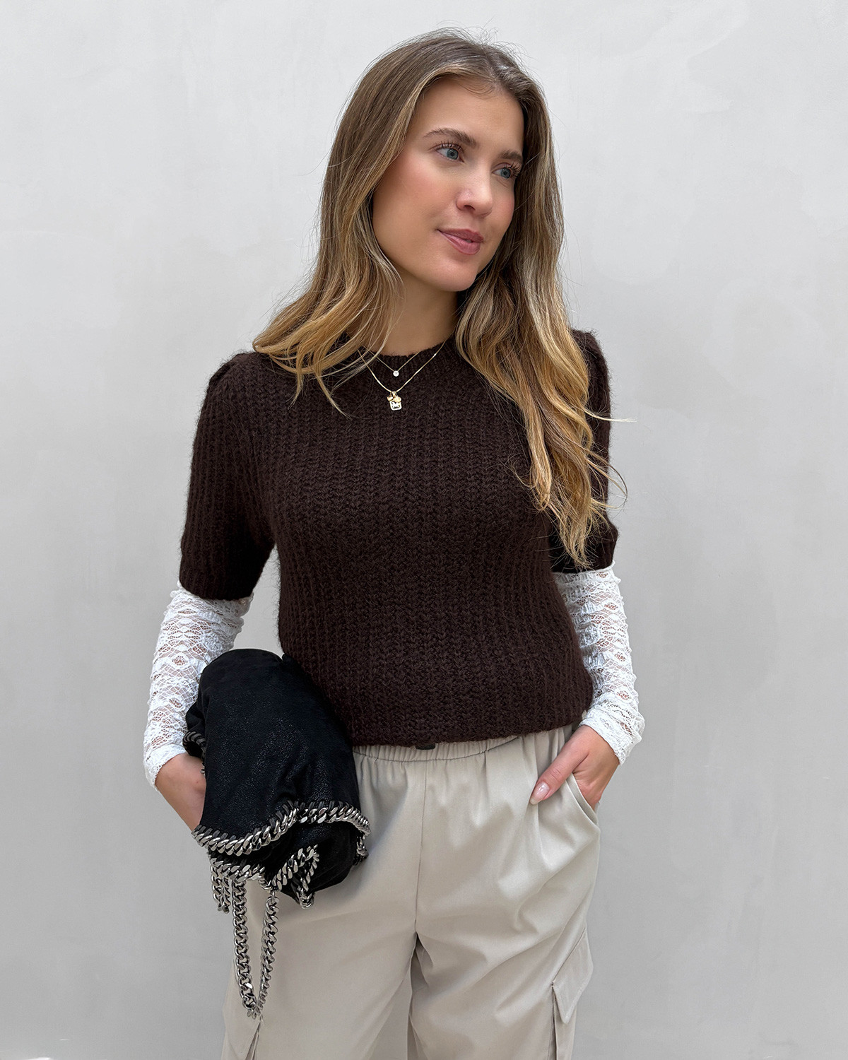ONLY Onlshine Seal Brown Melange Ss Puff O-Neck Knit - S - Brun