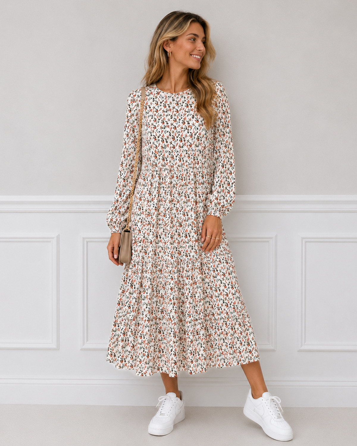 JDY Jdyaia Cloud Dancer Green Leaf L/S Midi Dress - XS - Hvid