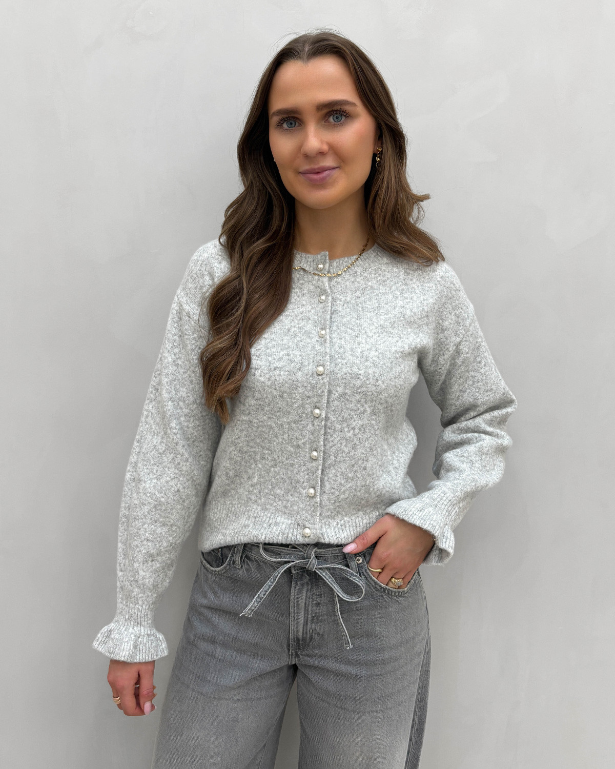 ONLY Onlrima Light Grey Melange Pearl Button Life Ls Button Cardigan Knit - XL - Grå