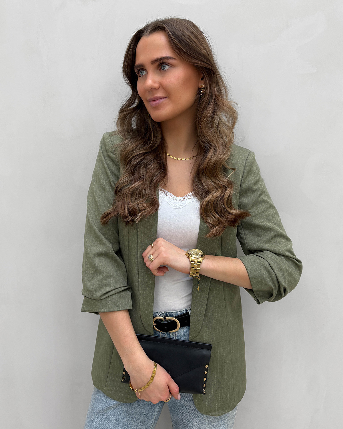 Pieces Pcbosella Deep Lichen Green Cloud Dancer Pinstripe 3/4 Pinstripe Blazer - XS - Grøn