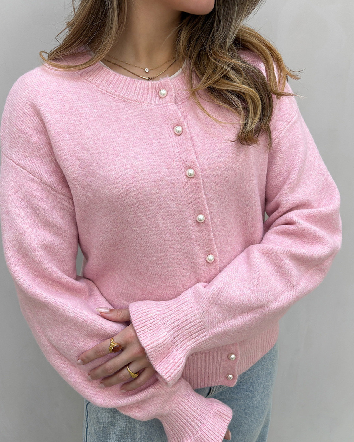 ONLY Onlrima Romance Rose Melange/Pearl Button Life Ls Button Cardigan Knit - S - Lyserød
