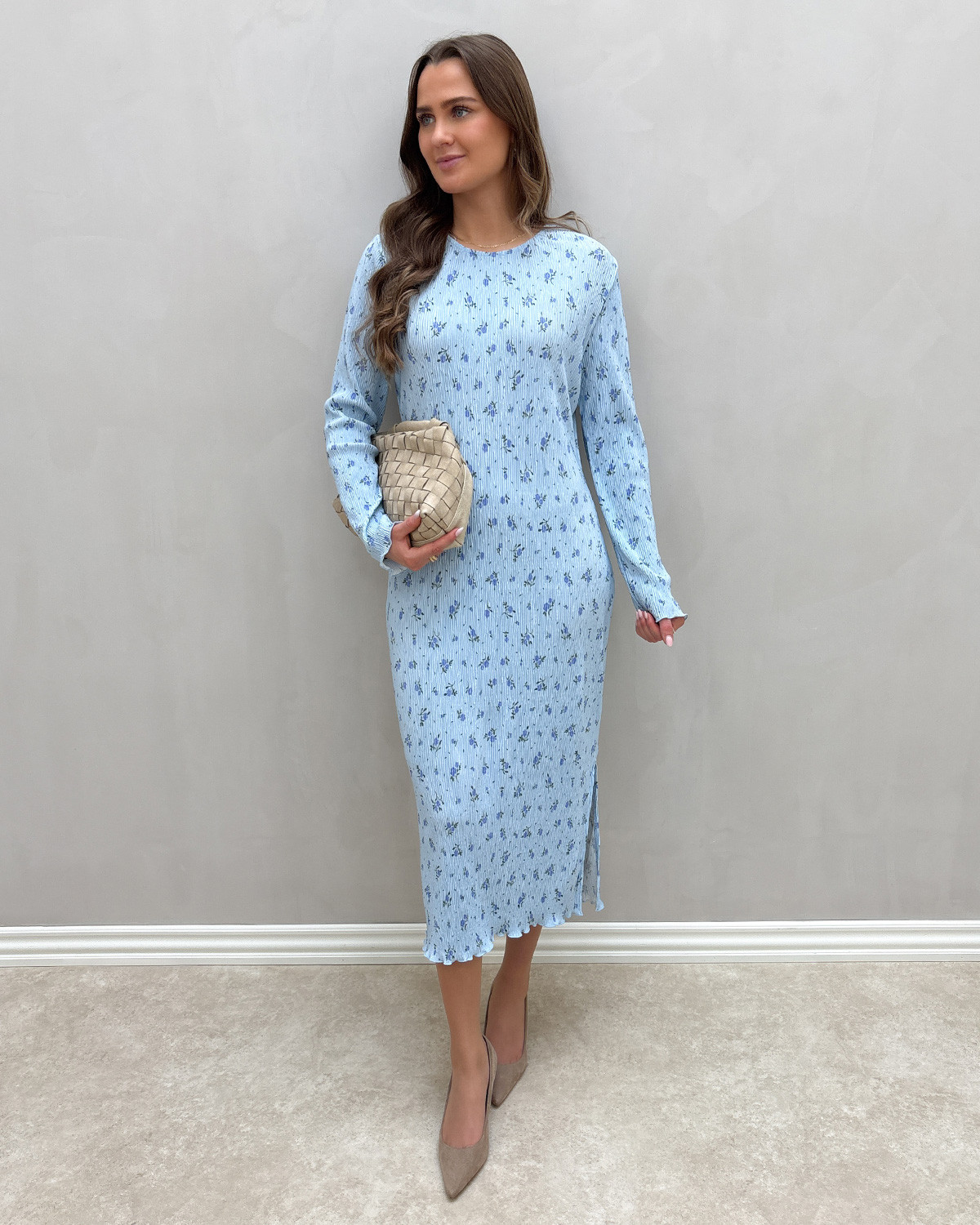 Pieces Pcflora Cashmere Blue Blue Flowers Ls Midi Dress - S - Blå