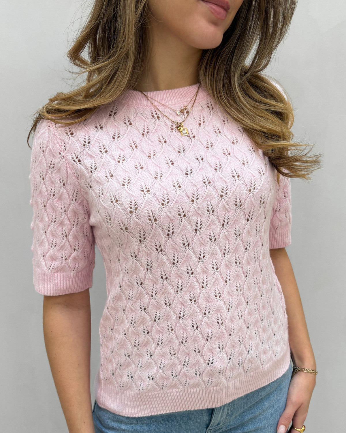Pieces Pclelou Roseate Spoonbill Melange Ss O-Neck Knit - S - Lyserød