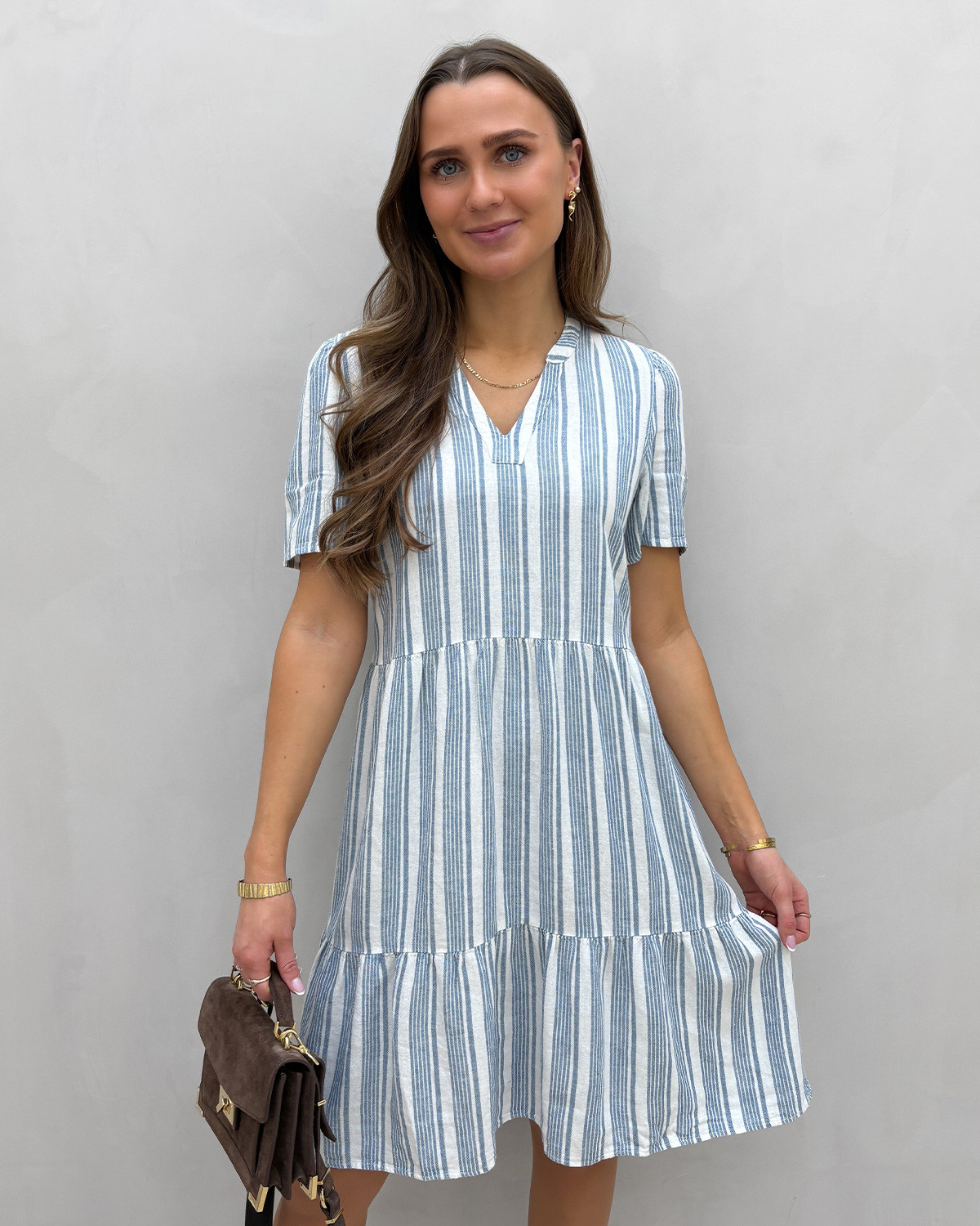 ONLY Onltiri-Goa Coronet Blue Bright White Ss V-Neck Lin Dress - XS - Blå