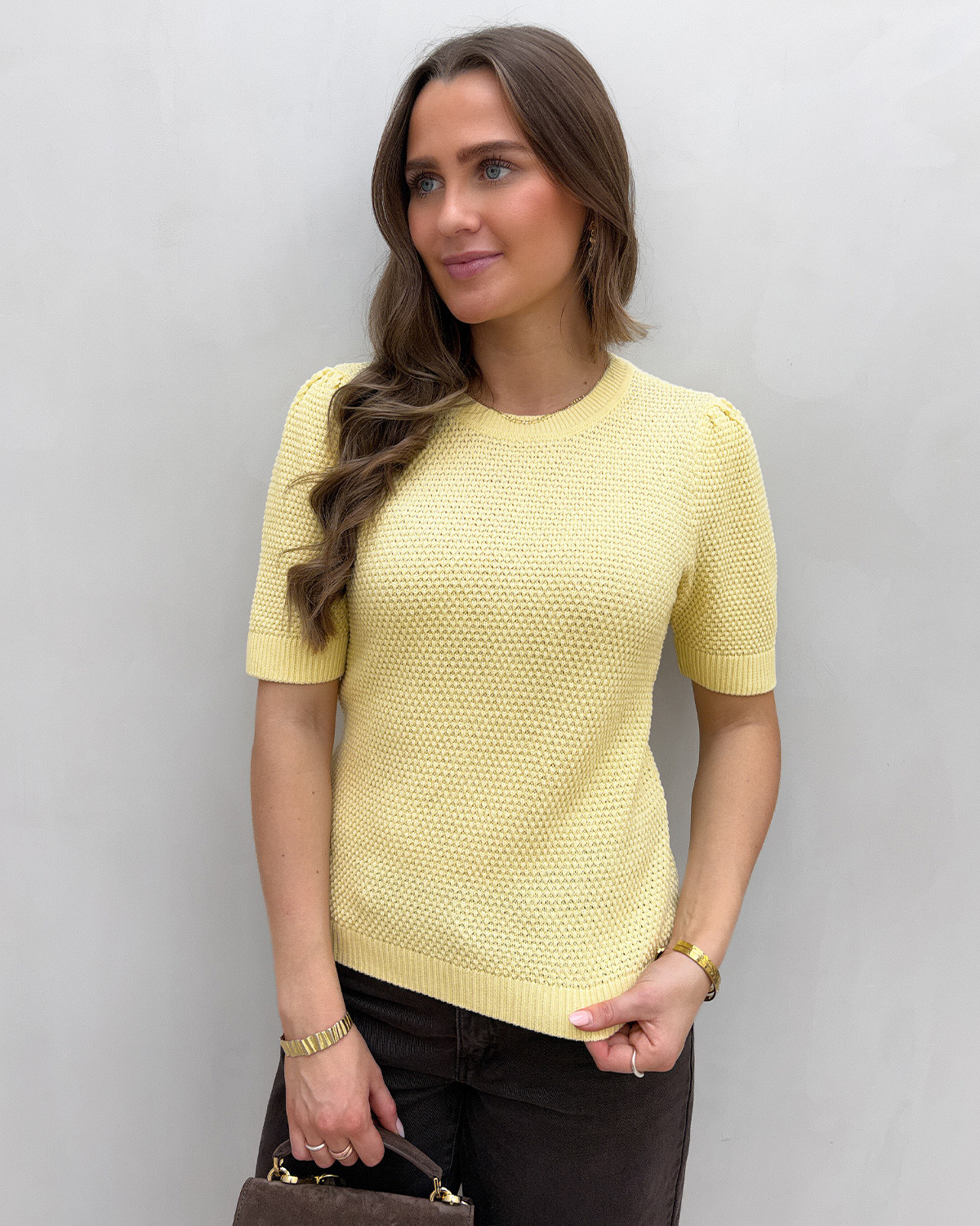 VILA Vidalo Pastel Yellow O-Neck S/S Knit Top - XXL - Gul