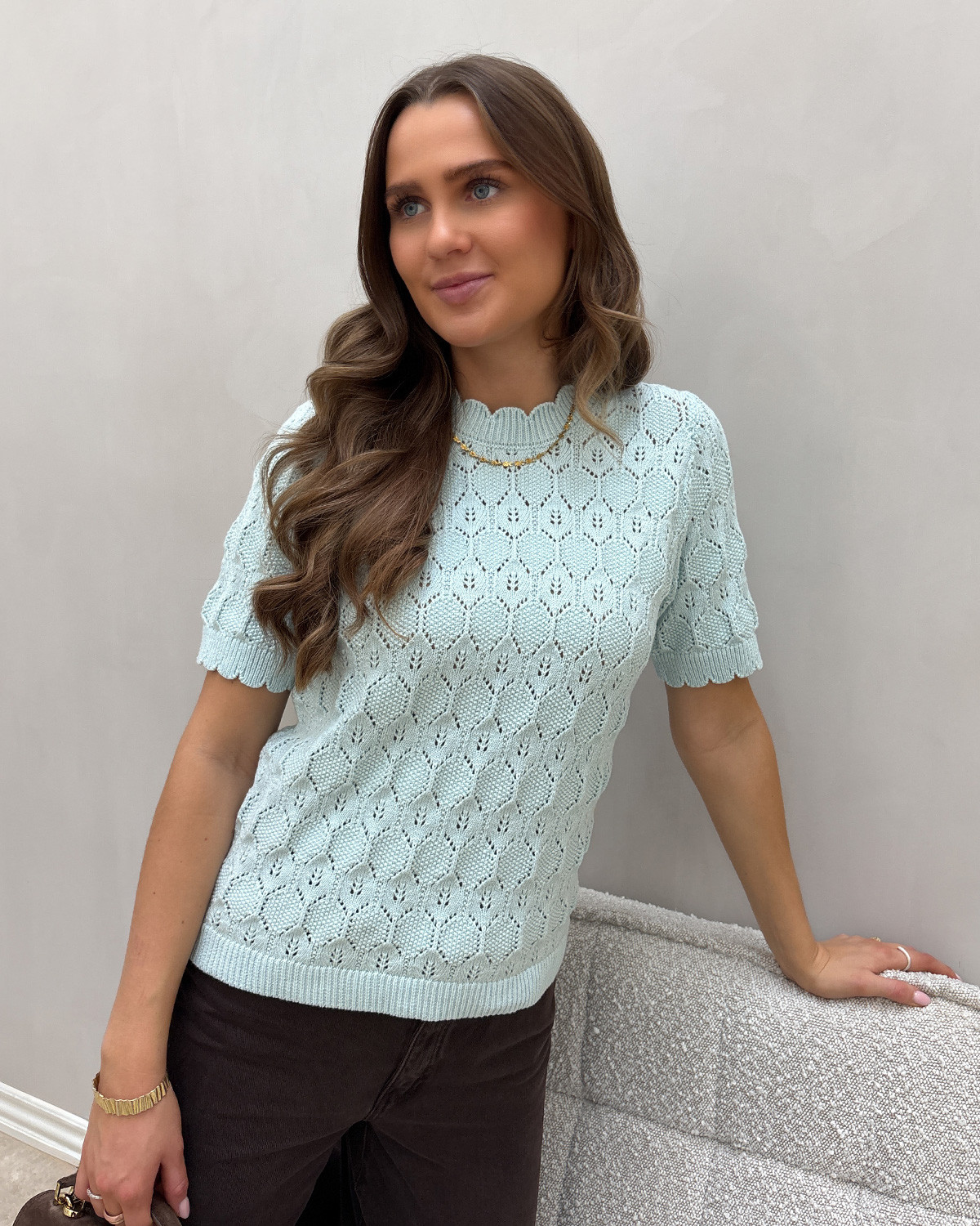 VILA Vilowen Nantucket Breeze S/S Pointelle Knit Top - S - Turkis