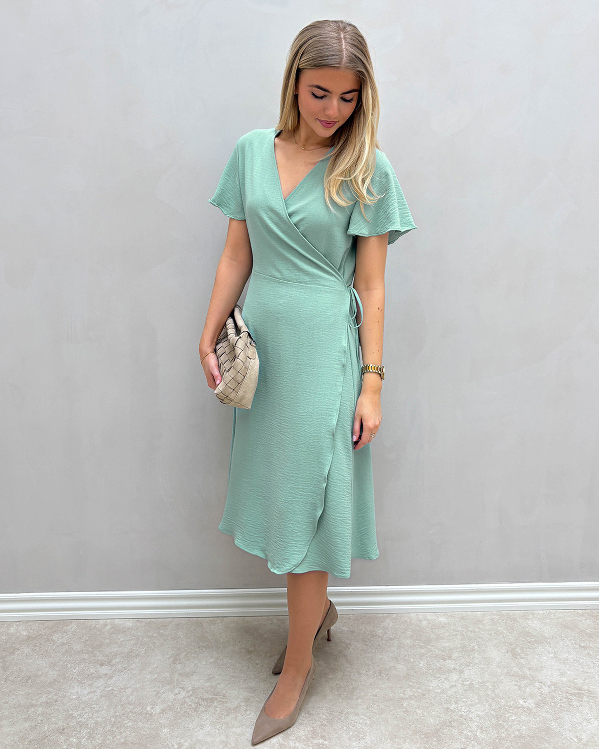 VILA Vilovie Blue Surf S/S Wrap Midi Dress - 40 - Turkis