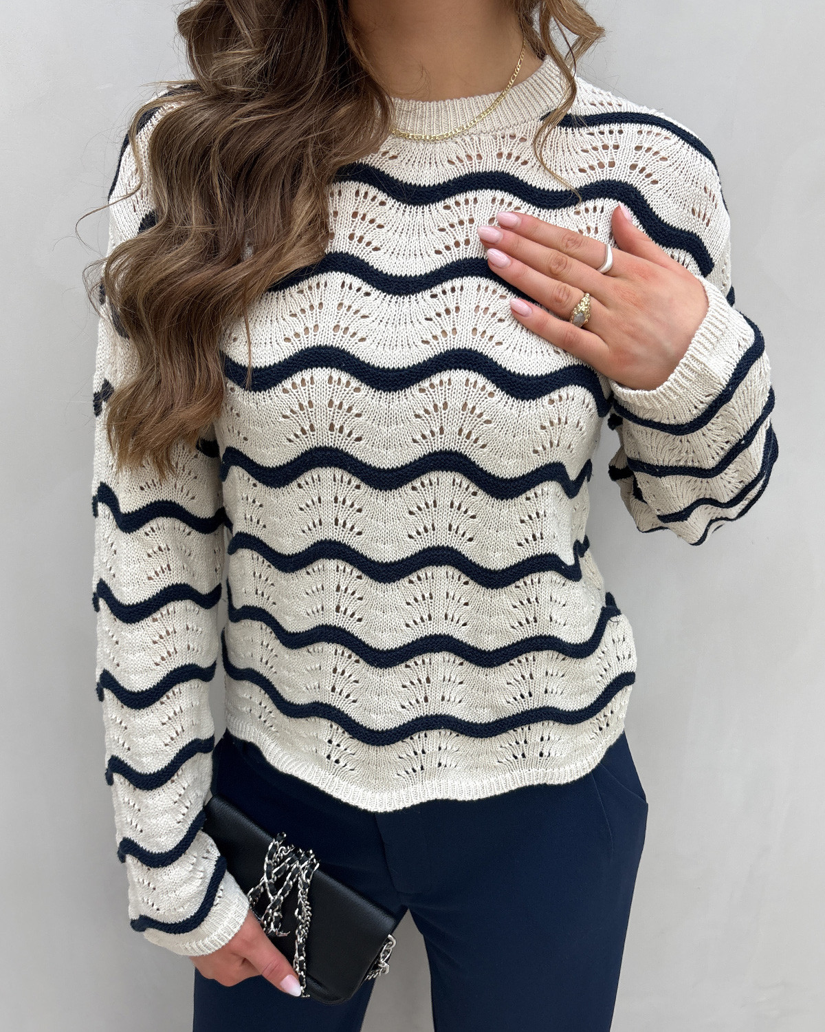 VILA Viwave Birch Navy Blazer O-Neck Ls Pointelle Knit Top - XXL - Grå