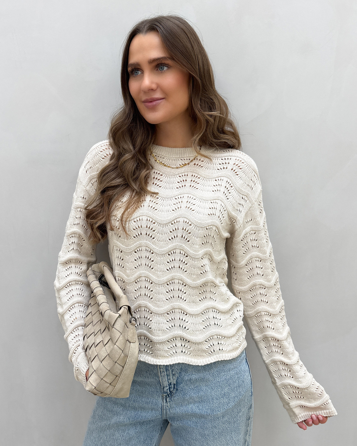 VILA Viwave Birch O-Neck Ls Pointelle Knit Top - XL - Grå