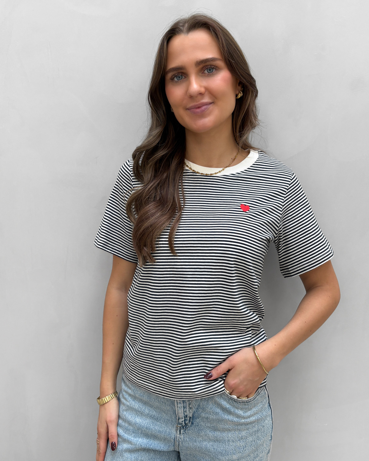 JDY Jdypisa Cloud Dancer Sky Captain Y/D Stripes & Bs Heart S/S Print Top - L - Hvid