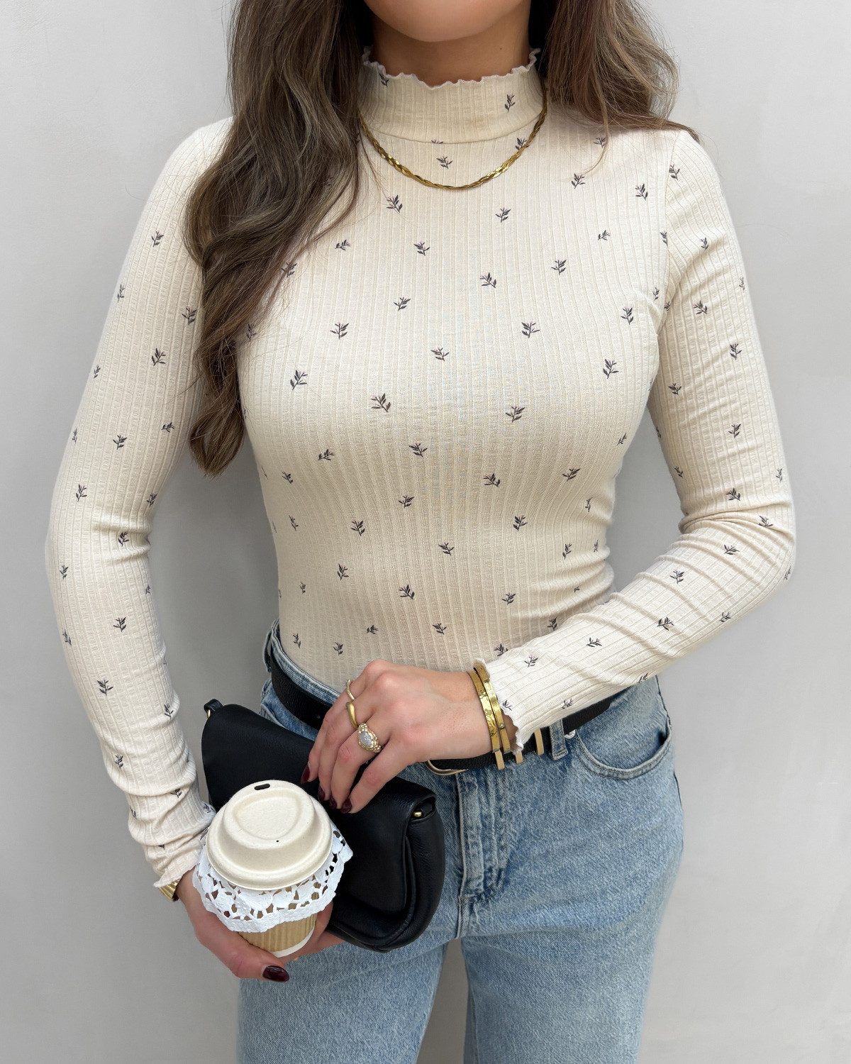 JDY Jdyfransiska Whitecap Gray Pink Lady Flower Life L/S High-Neck Top - XL - Beige