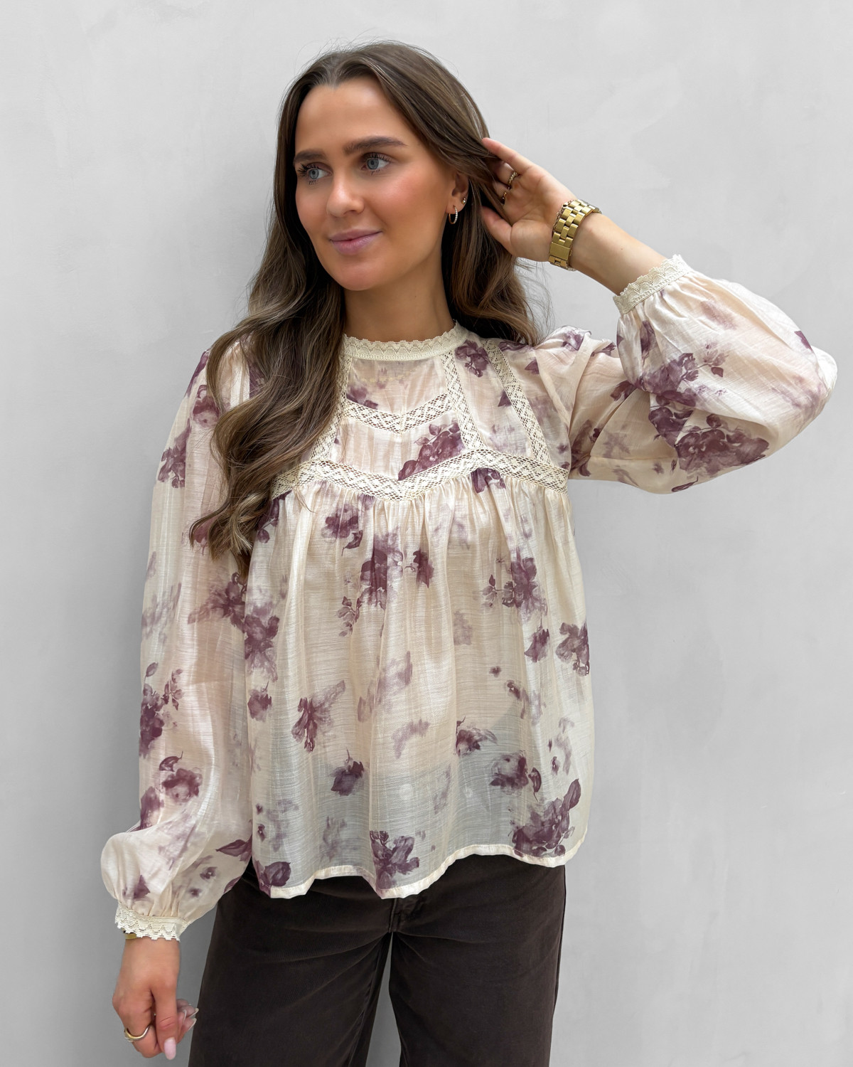 VILA Viremo Birch Flowers New L/S Frill Top - 40 - Grå