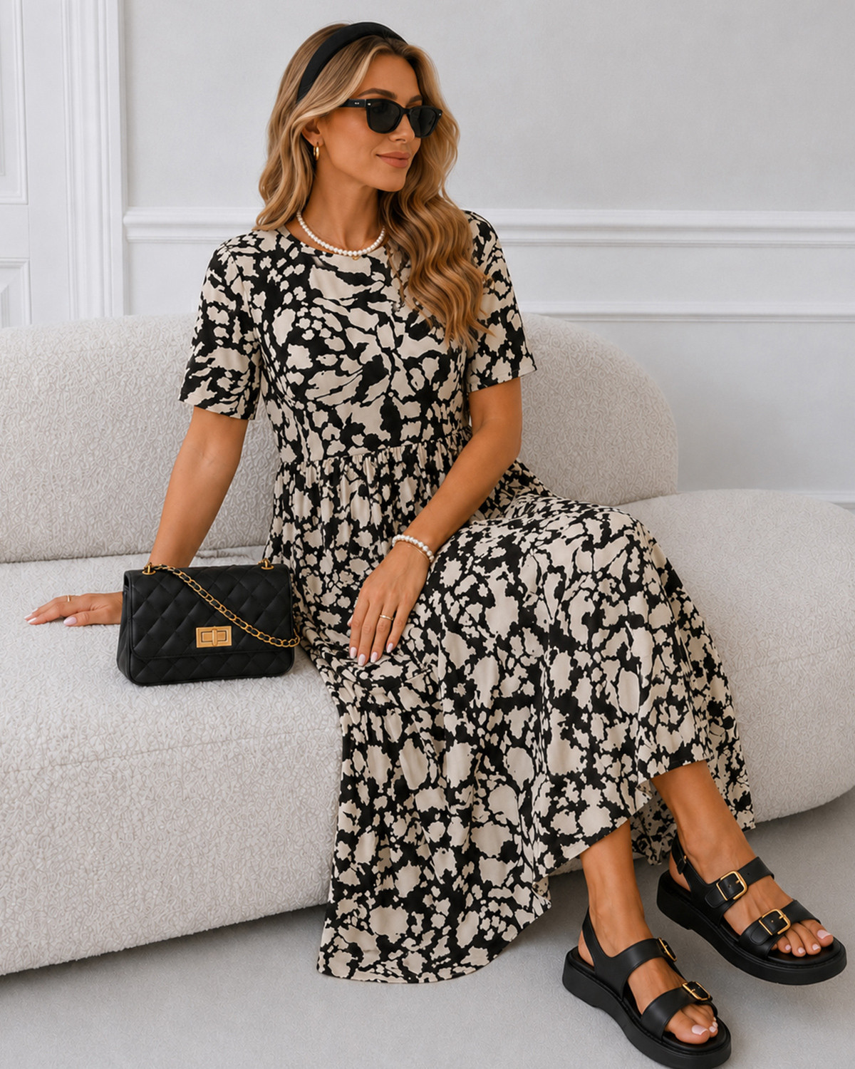 ONLY Onlnikoline Black Cloud Dancer Graphic S/S Midi Dress - S - Sort