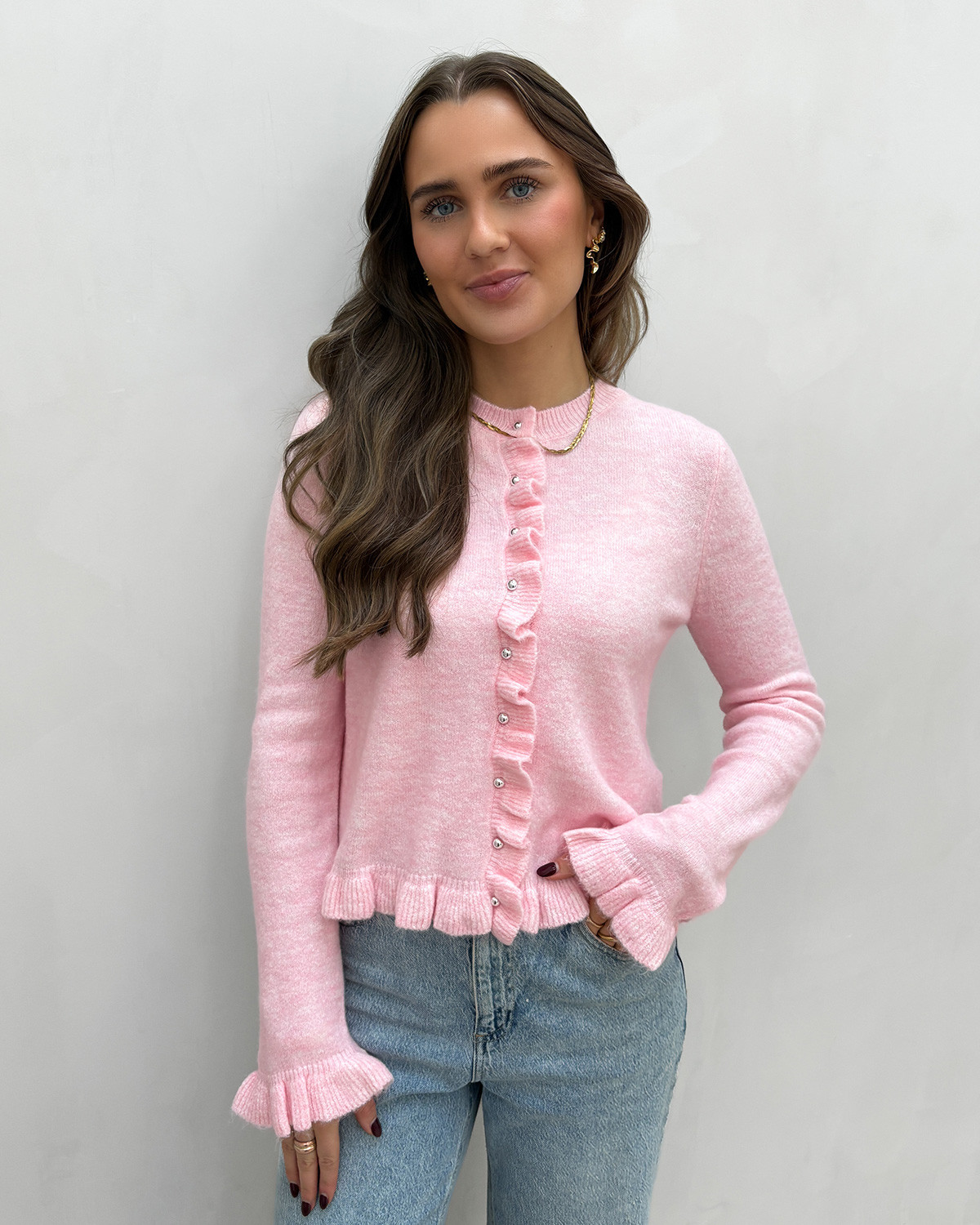 Pieces Pclydia Roseate Spoonbill Ls Frill Knit Cardigan - M - Lilla
