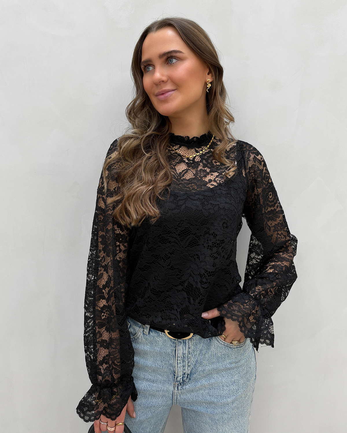 VILA Vivera Black L/S Lace Top - 38 - Sort