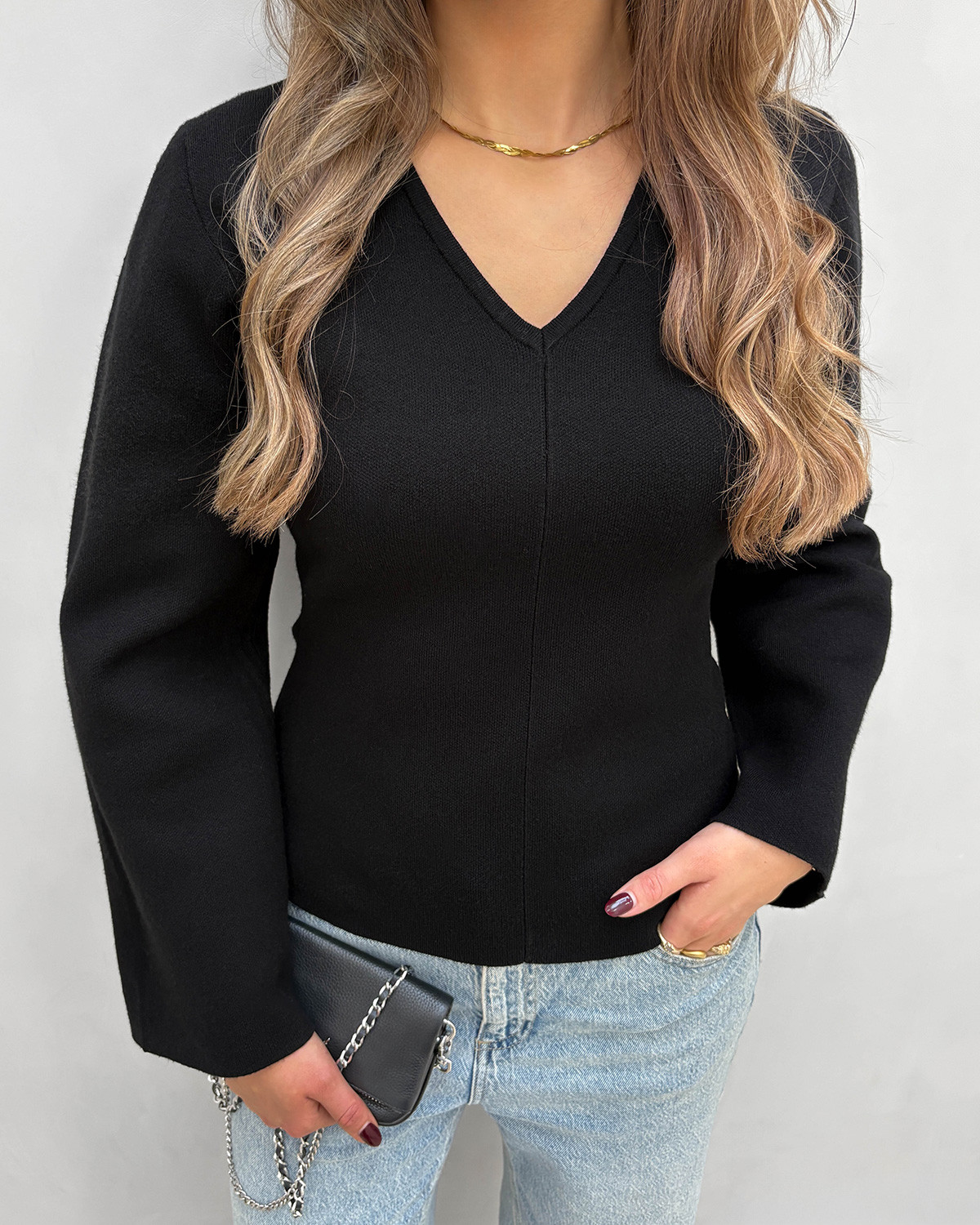 ONLY Onlviola Black Ls Fit V-Neck Knit - M - Sort