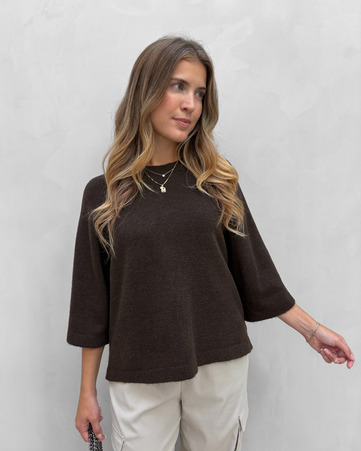 ONLY Onlsimoni Coffee Bean Melange 3/4 Pullover Knit - XS - Brun