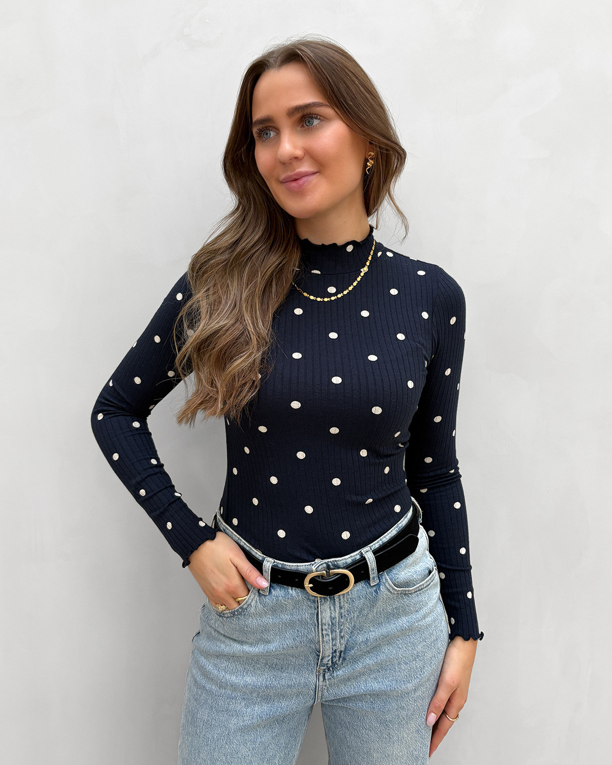 JDY Jdyfransiska Sky Captain Sandshell Dots Life L/S High-Neck Top - L - Blå