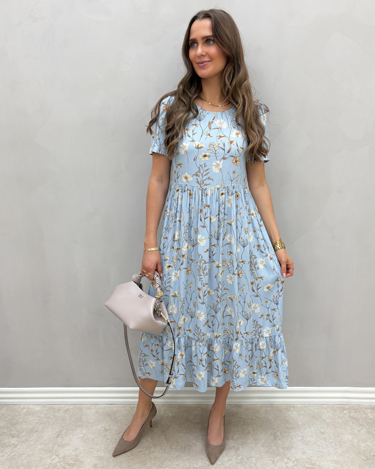 JDY Jdyaia Cerulean Brown Flower S/S Midi Dress - M - Blå