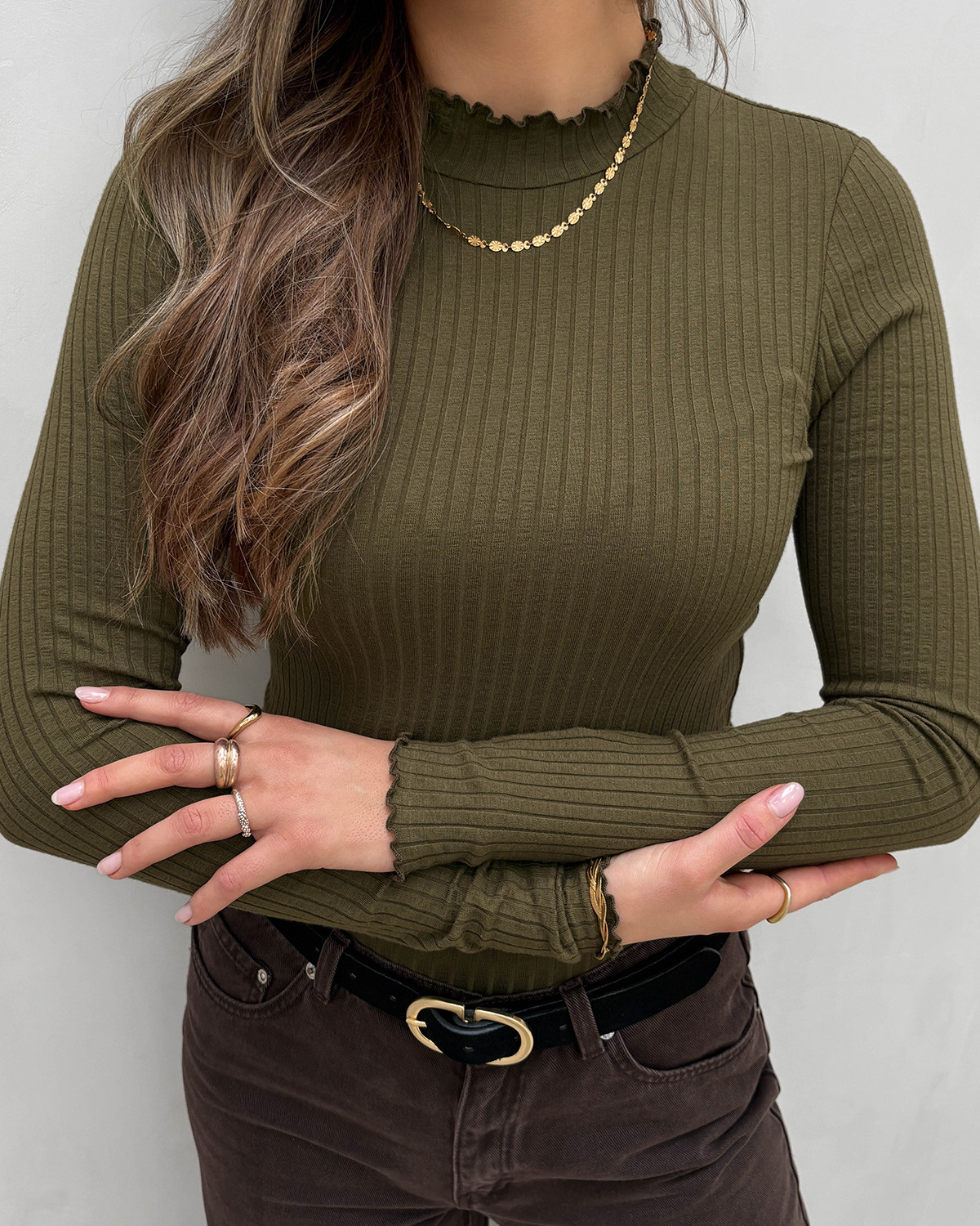 JDY Jdyfransiska Dark Olive Life L/S Hi-Neck Top - XL - Grøn
