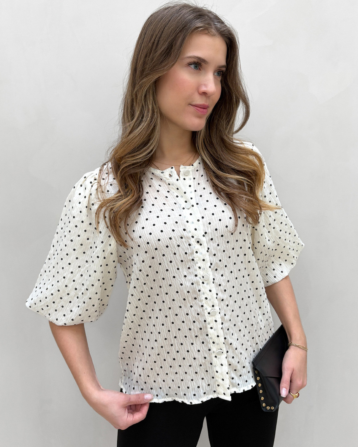 VILA Viea Cloud Dancer Black Dots 2/4 Button Top - 44 - Hvid