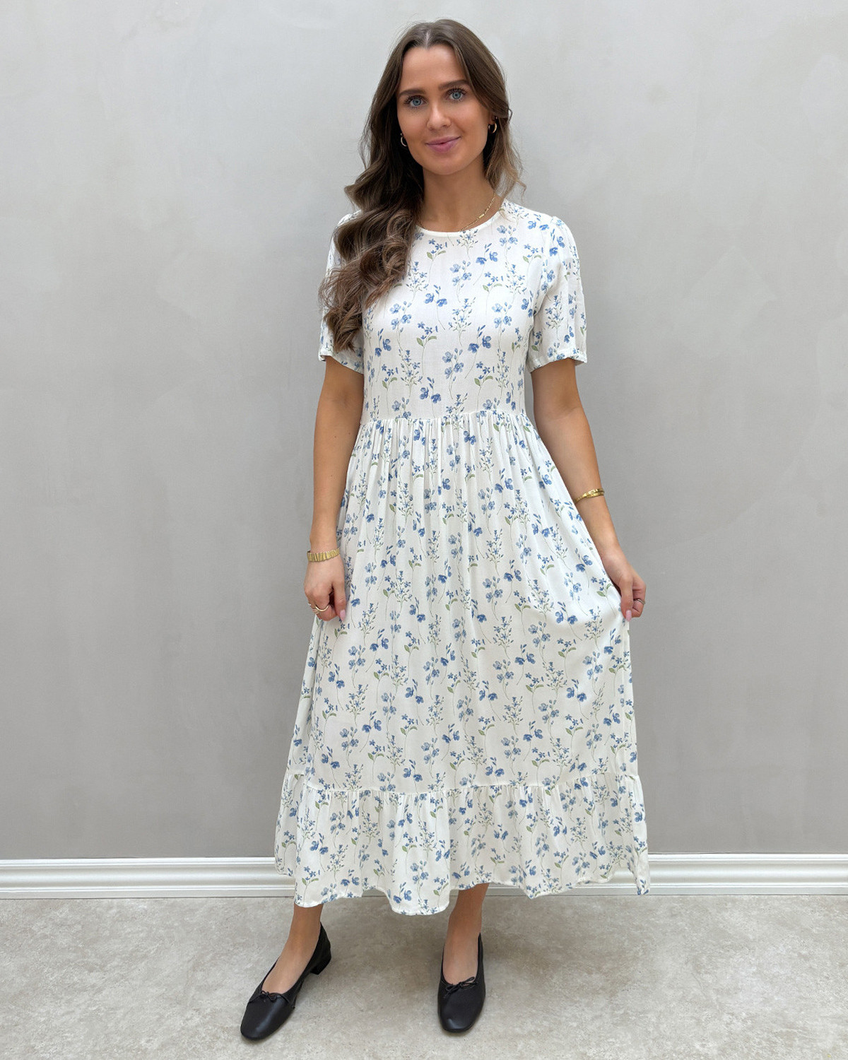 ONLY Onlnikoline Cloud Dancer Blue Mark Flower S/S Midi Dress - XXXL - Hvid