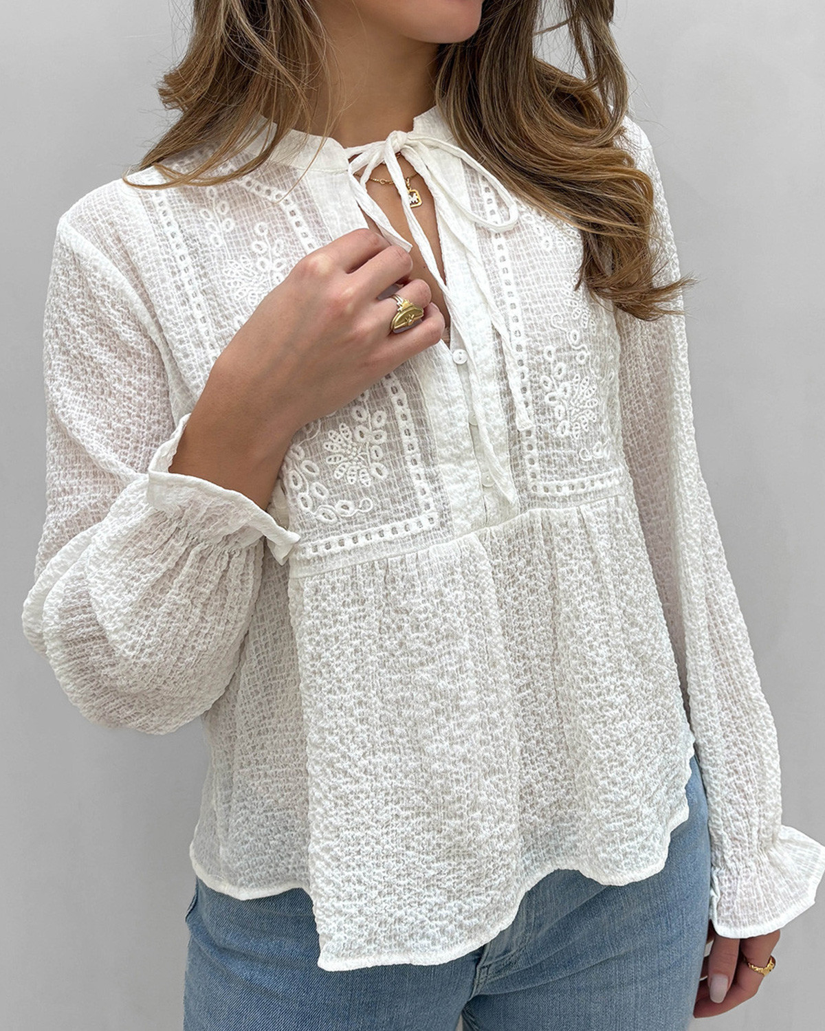ONLY Onlvicky Cloud Dancer Life L/S Emb Top - S - Hvid