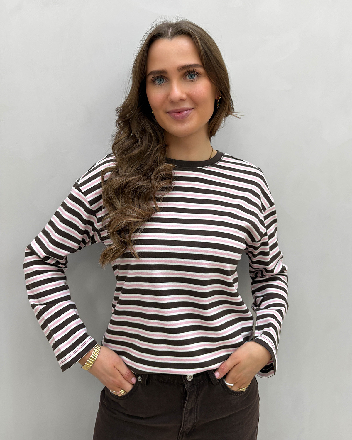 ONLY Onlnew Black Coffee Orchid Pink Cloud Dancer Ida Soph L/S O-Neck Top - L - Sort
