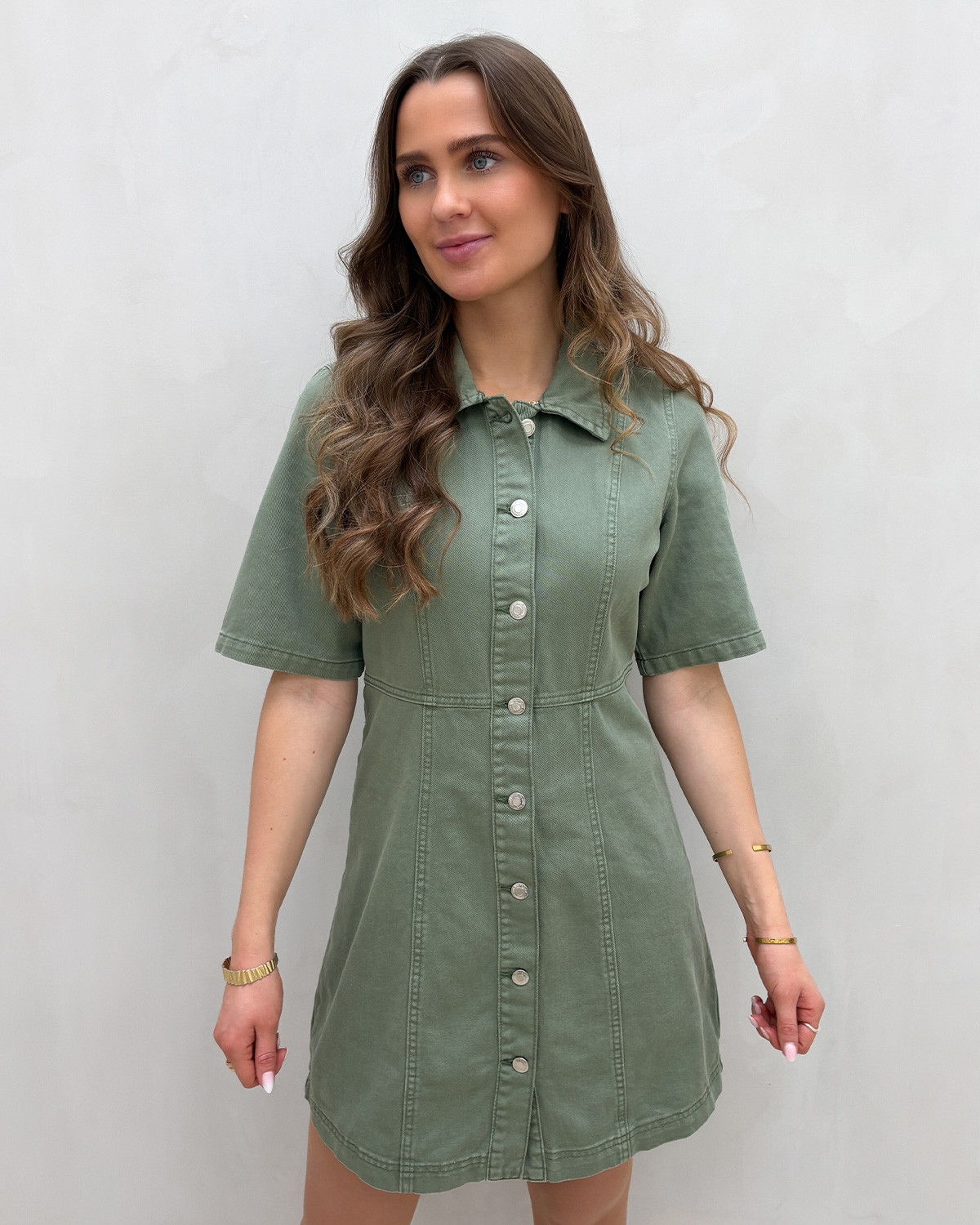 Vero Moda Vmdaisy Laurel Wreath Washed 2/4 Short Denim Dress - L - Grøn