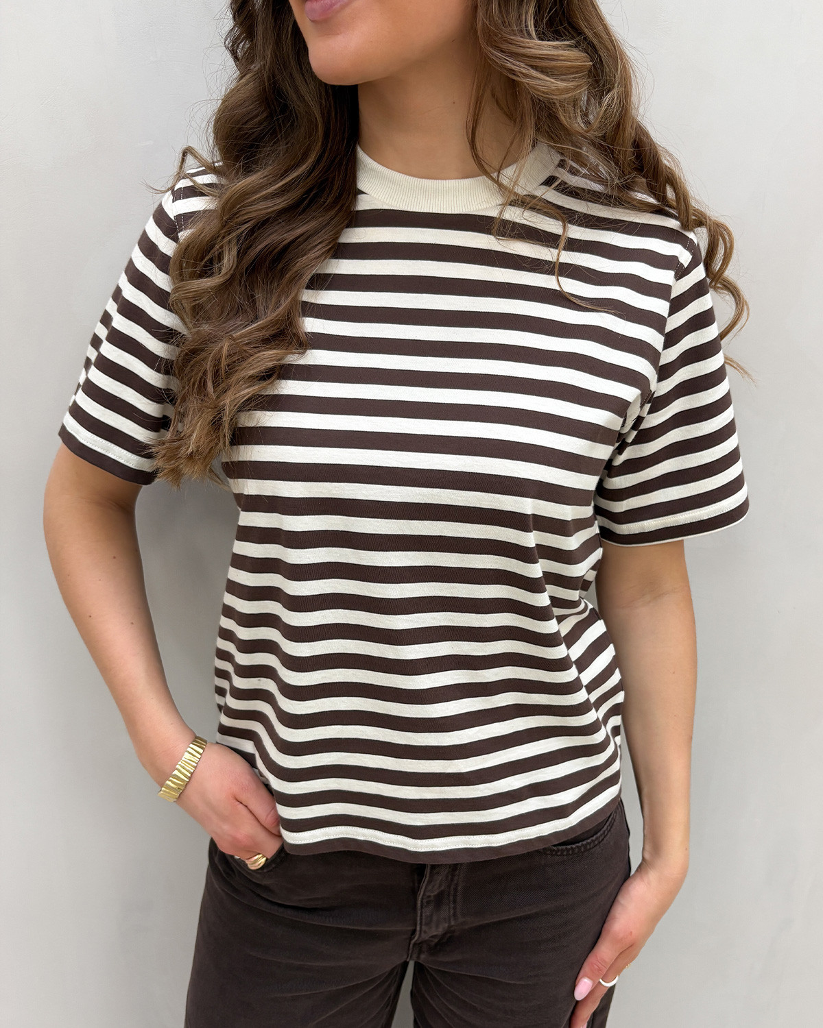 ONLY Onllivina Cloud Dancer Chocolate Martini S/S Stripe Tee - S - Hvid