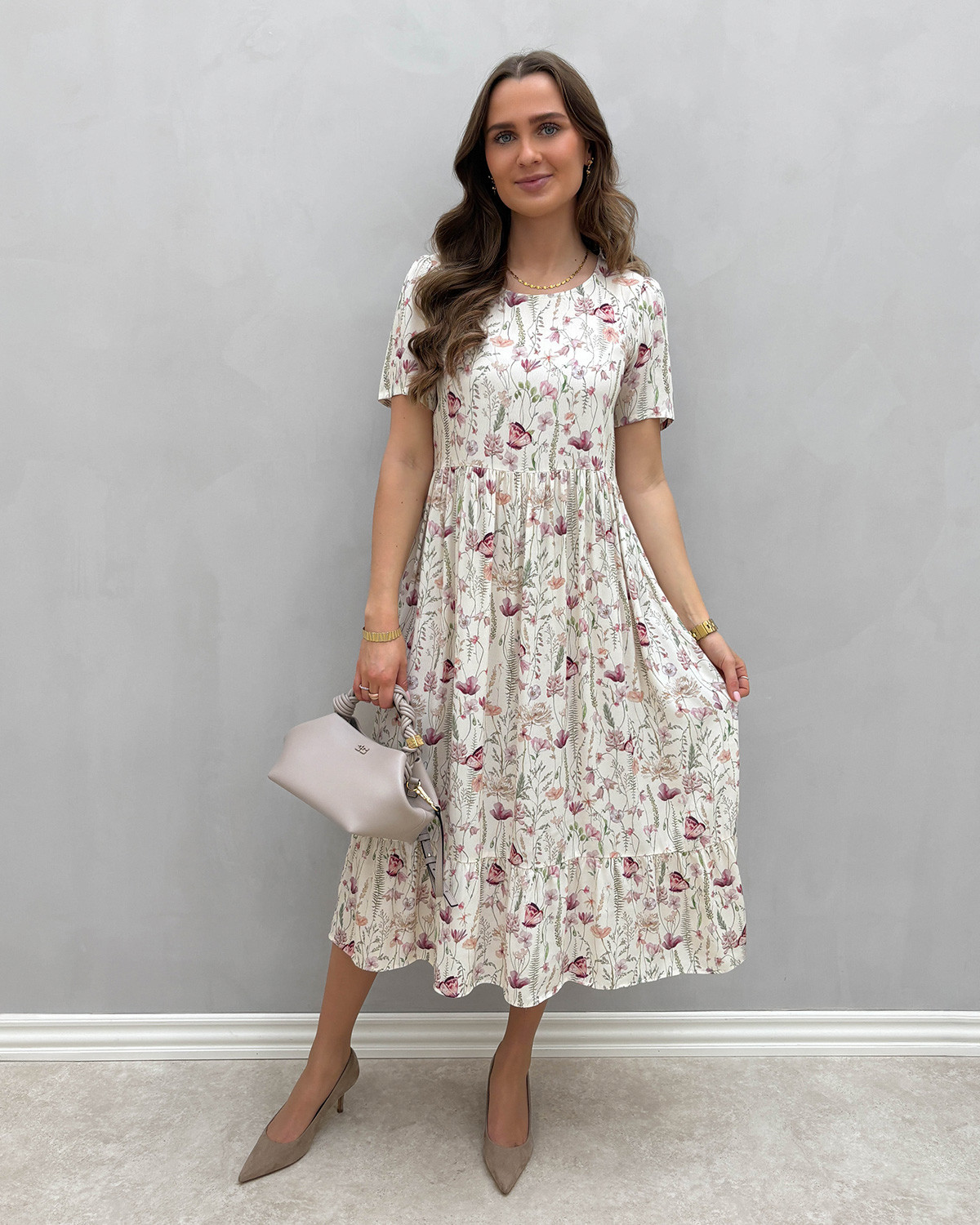 JDY Jdyaia Cloud Dancer Butterfly Flower S/S Midi Dress - XS - Hvid