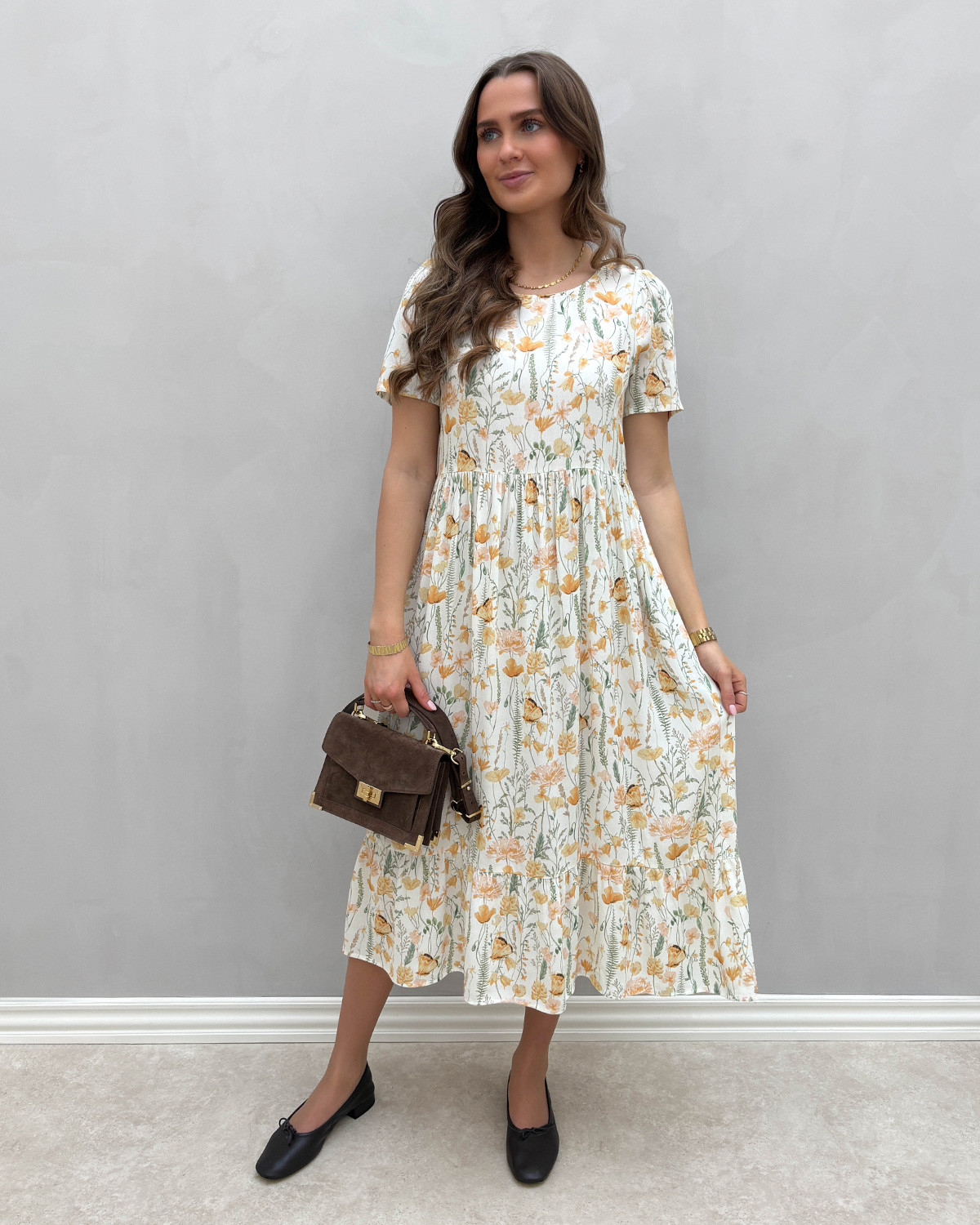 JDY Jdyaia Cloud Dancer Yellow Butterfly Flower S/S Midi Dress - M - Hvid