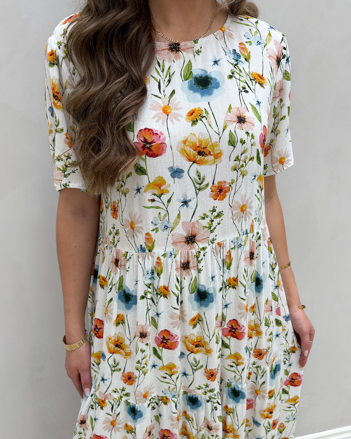 ONLY Onlabigale Cloud Dancer Multi Color Garden Flower Gm S/S Midi Dress - 38 - Hvid
