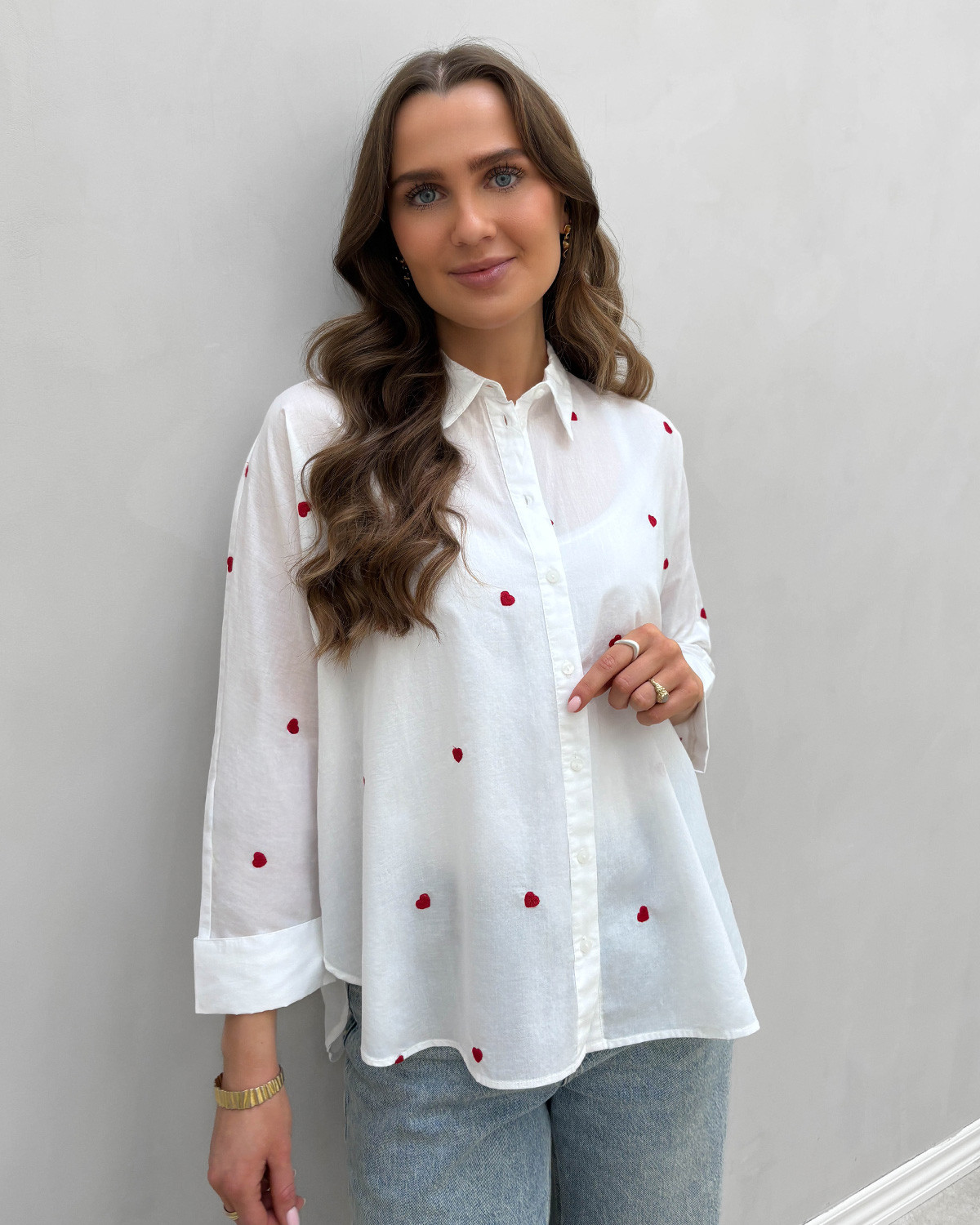 ONLY Onlnew Bright White Heart Lina Grace Ls Emb Shirt - XL - Hvid