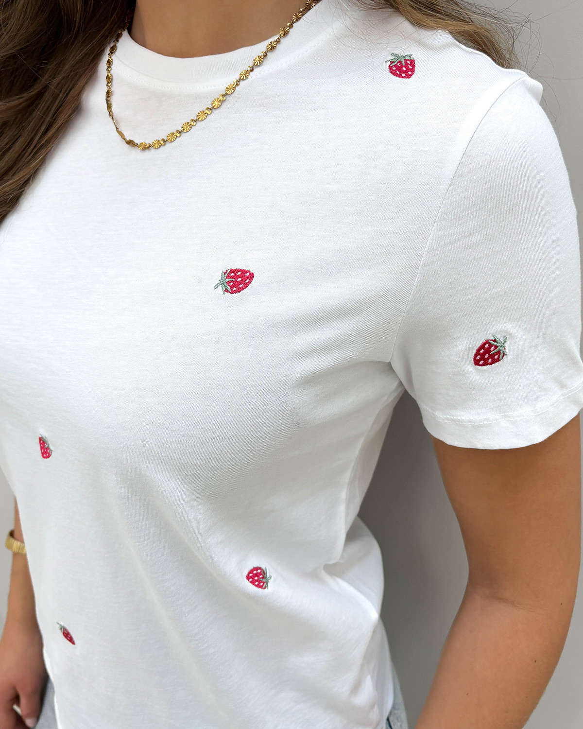 ONLY Onlketty Bright White Strawberry S/S O-Neck Top - XS - Hvid