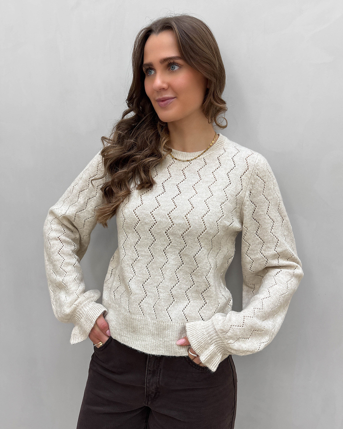 VILA Visalsa Super Light Natural Melan O-Neck L/S Knit Top - L - Brun