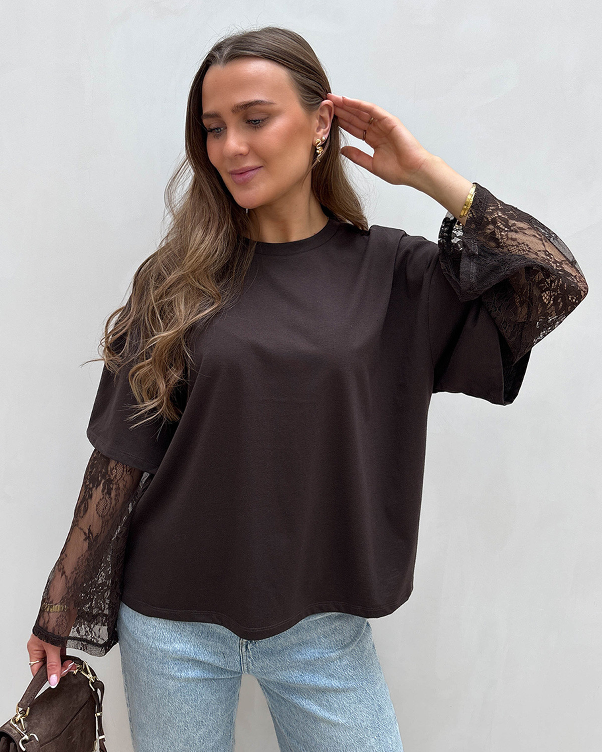 VILA Viabia Coffee Bean L/S Lace Sleeve T-Shirt - L - Brun