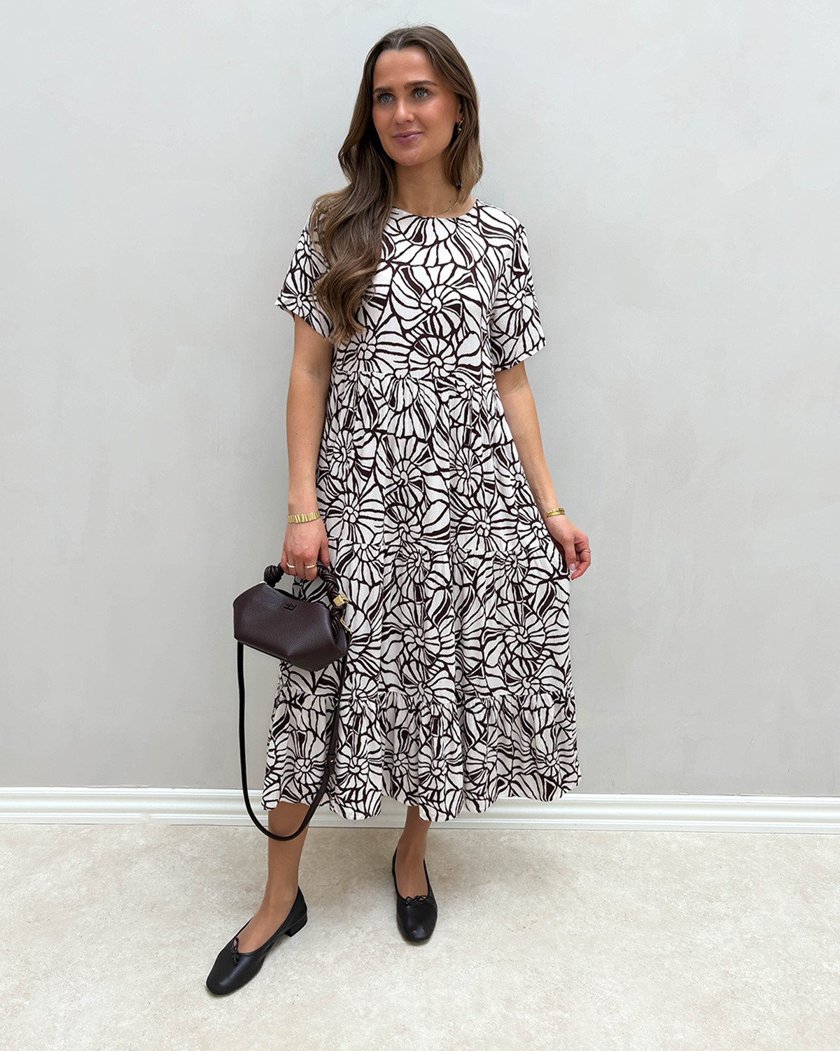 JDY Jdyhailey Cloud Dancer Brown Swirl S/S Midi Dress - S - Hvid