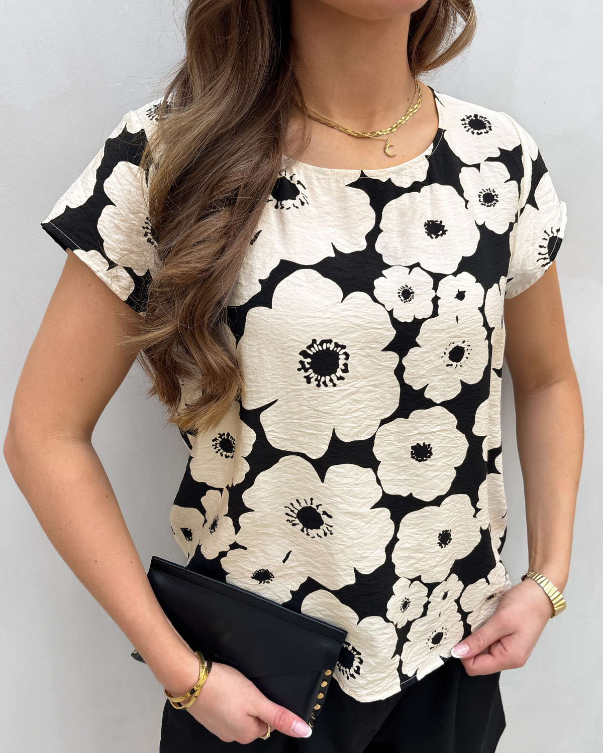 JDY Jdytroya Black 240326 W. Tapioca Big Flower Life S/S Top Dia - XS - Sort