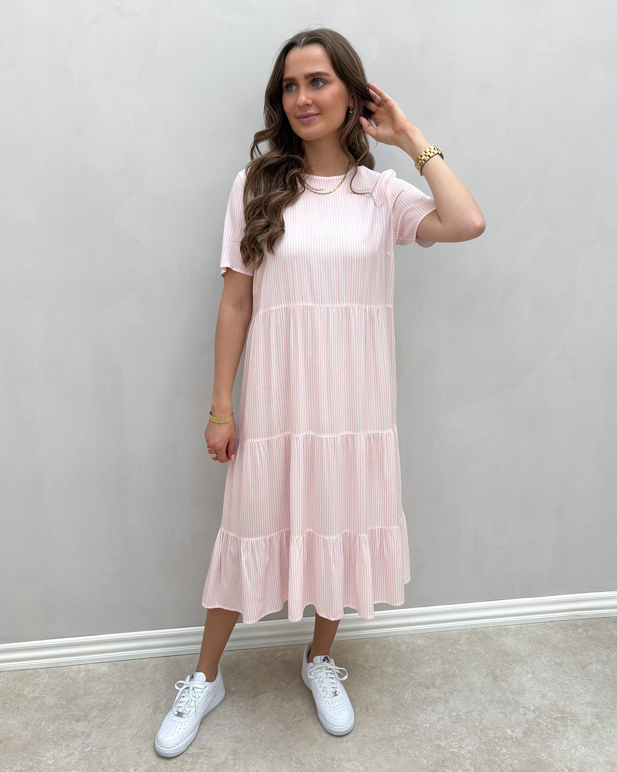 VILA Vilimited Cloud Dancer Pinstripe Cherry Blossom S/S Midi Dress - 40 - Hvid