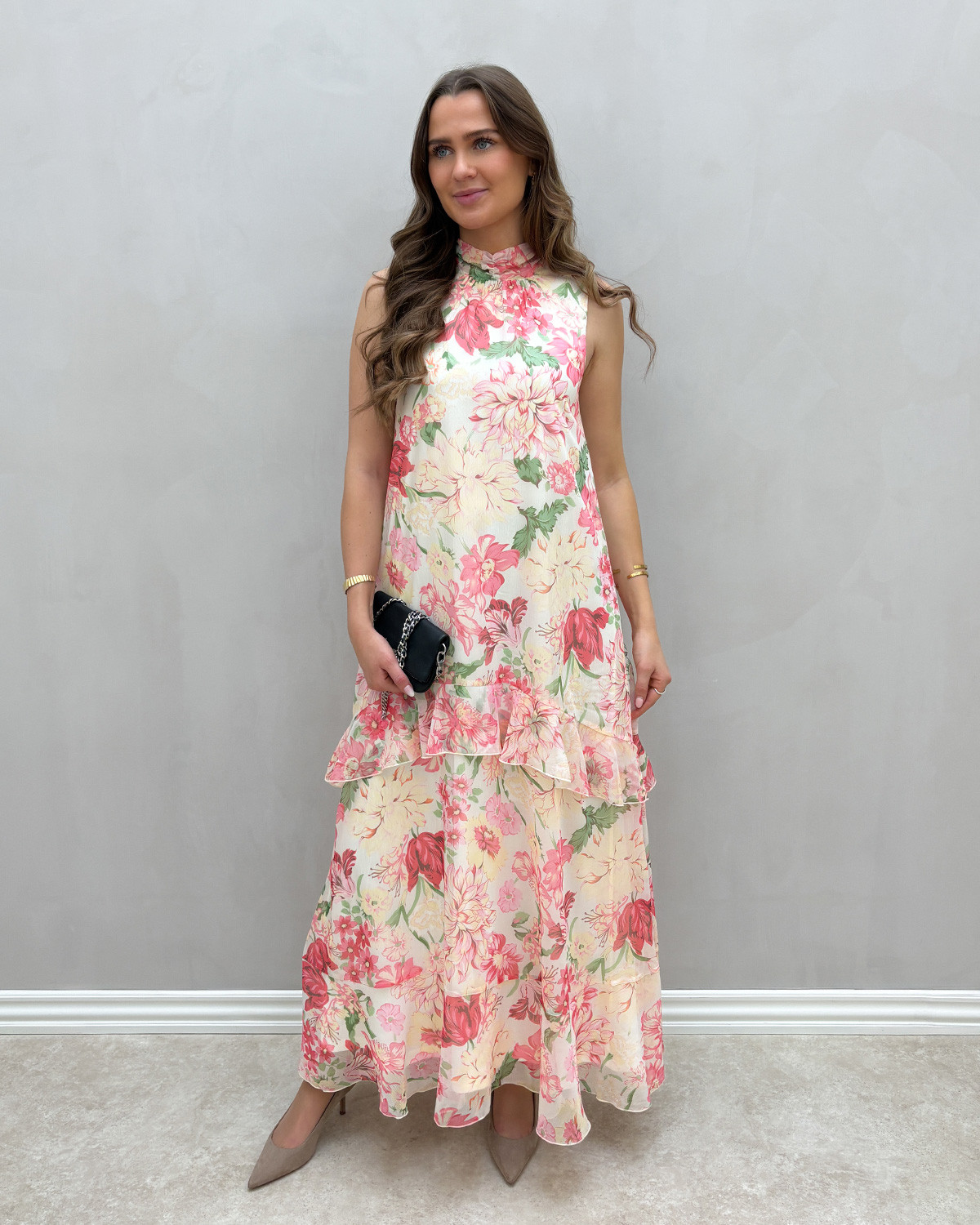 Vero Moda Vmsanna Birch Flower Garden Aop Sl Highneck Maxi Dress - XS - Grå