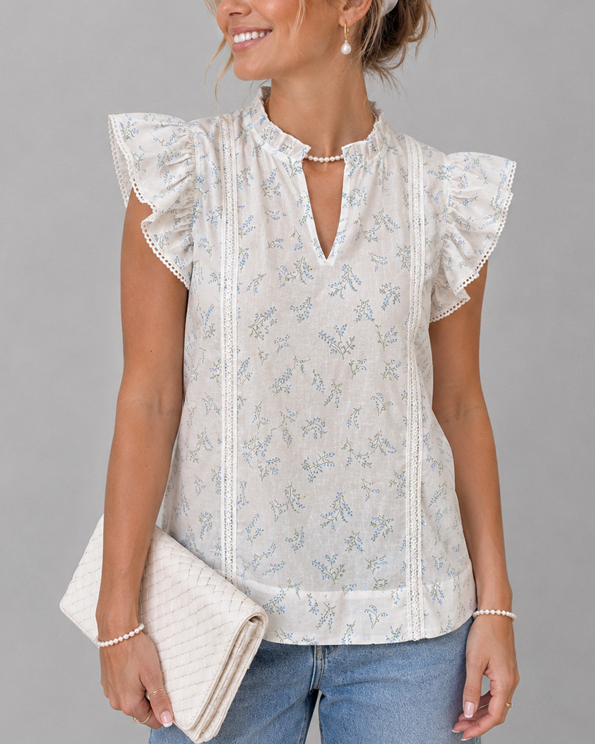 ONLY OnlteaIdris Cloud Dancer Wild Bundels S/L Frill Tape Top - S - Hvid
