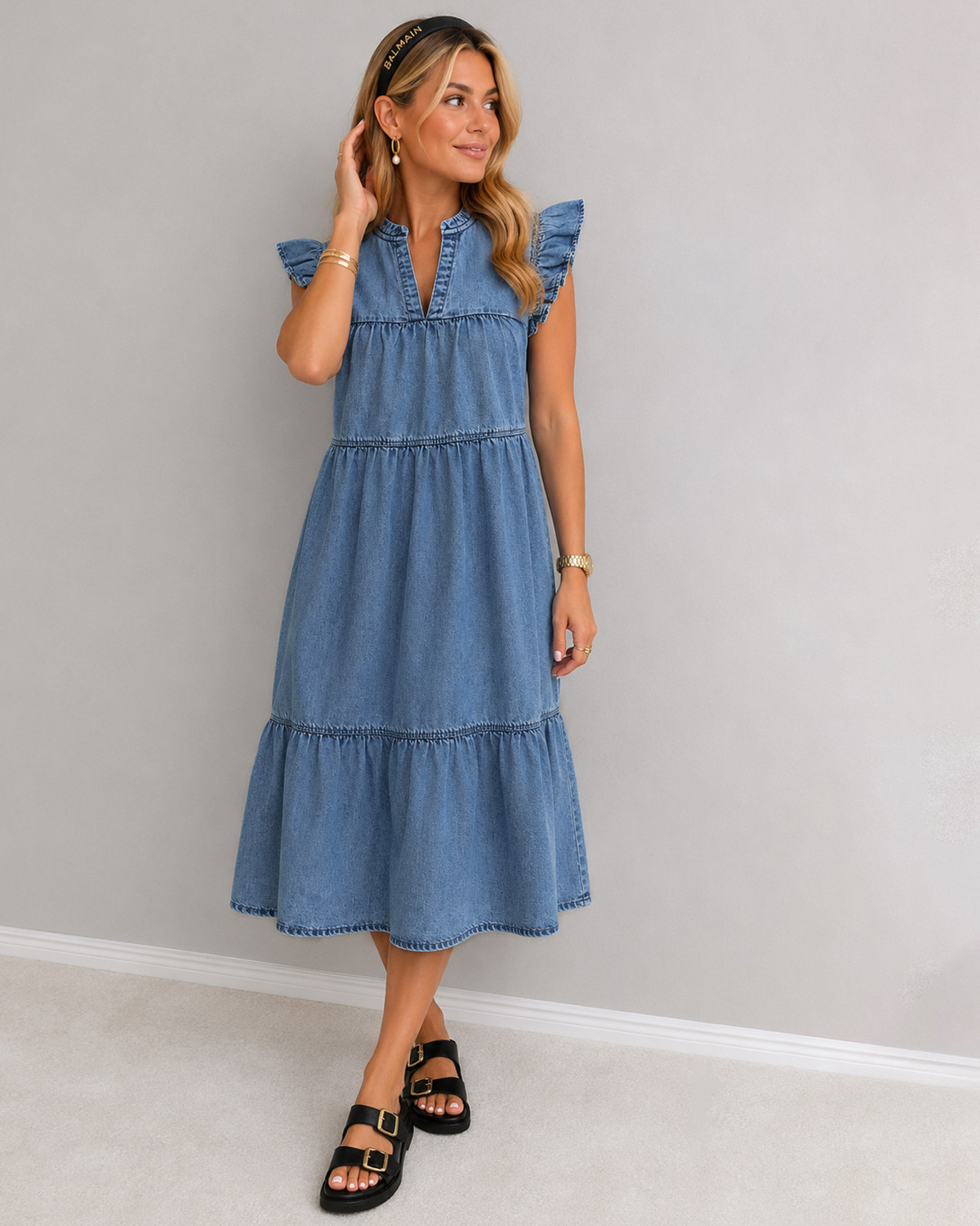 ONLY Onlshania Medium Blue Denim S/L Frill Midi Denim Dress - M - Blå