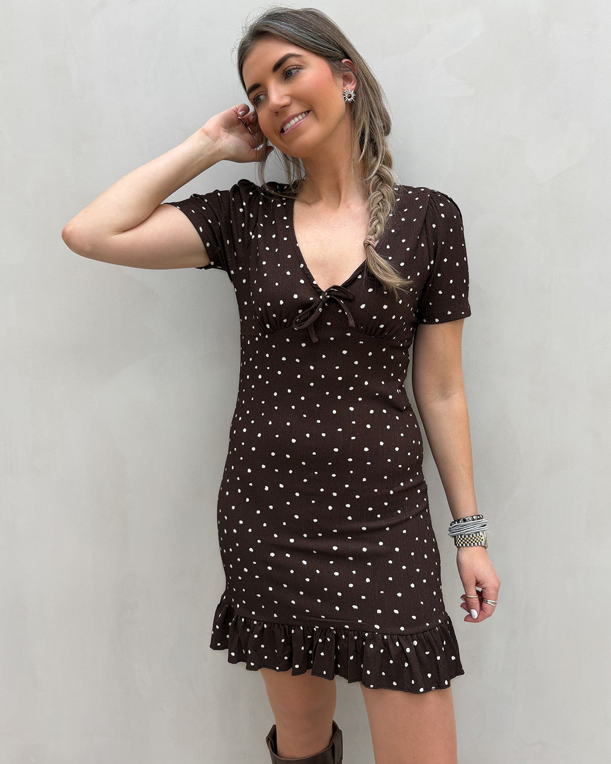 ONLY Onlmolly Shopping Bag Cloud Dancer Dots (Milly) S/S V-Neck Dress - S - Brun