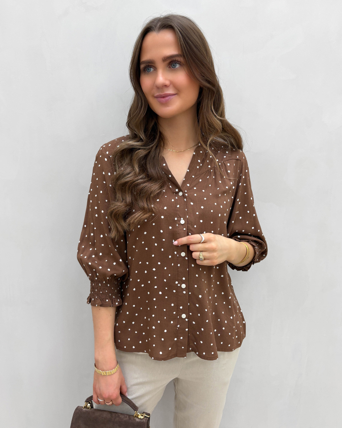 ONLY Onlraya Cocoa Brown Cd Milly Dots 3/4 Shirt - S - Brun
