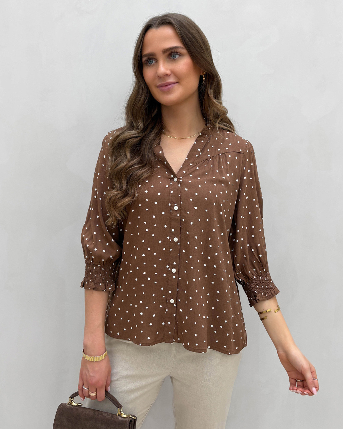 ONLY Onlraya Cocoa Brown Cd Milly Dots 3/4 Shirt - XS - Brun